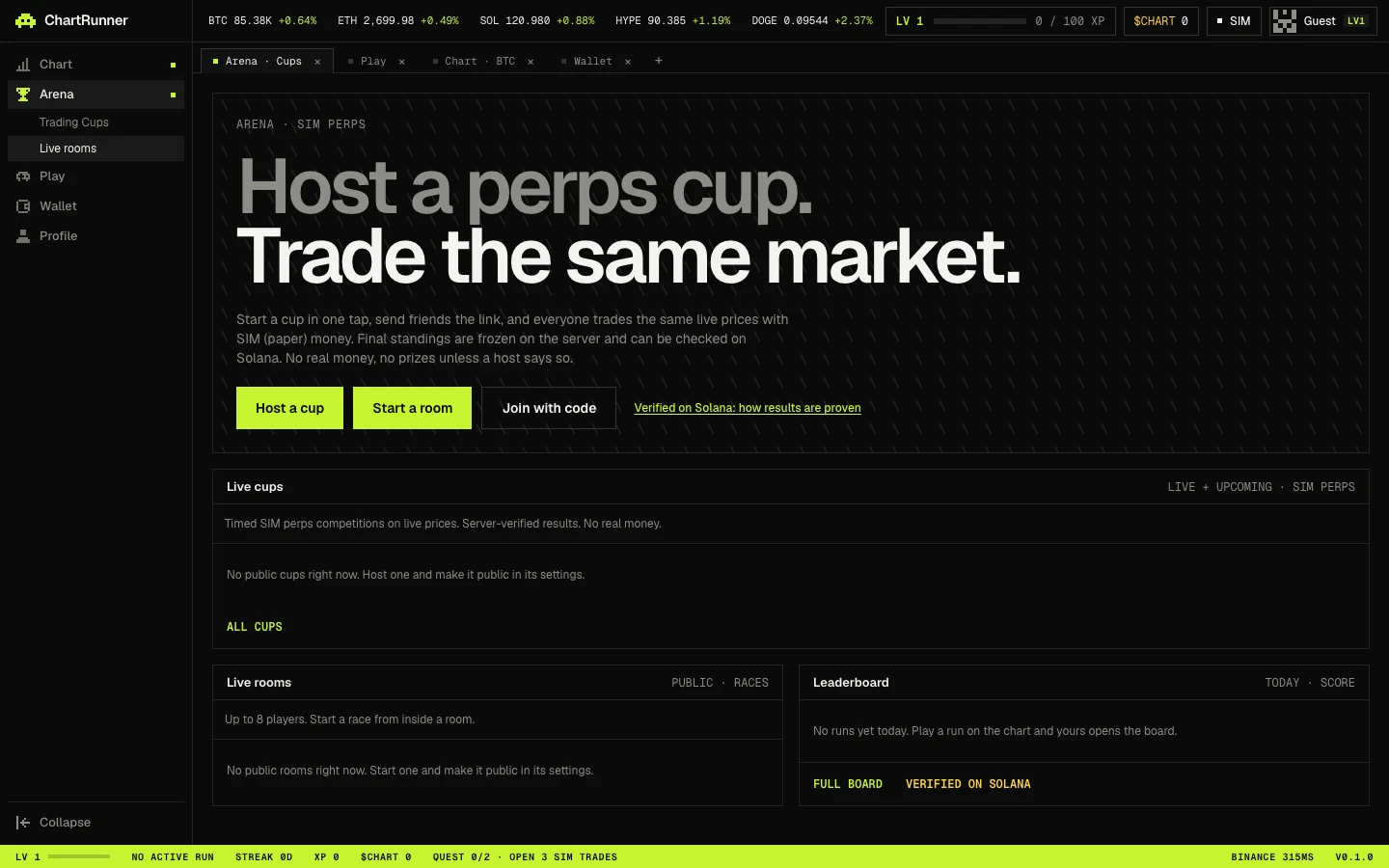 The Arena screen: Host a perps cup. Trade the same market. With Host a cup, Start a room and Join with code buttons