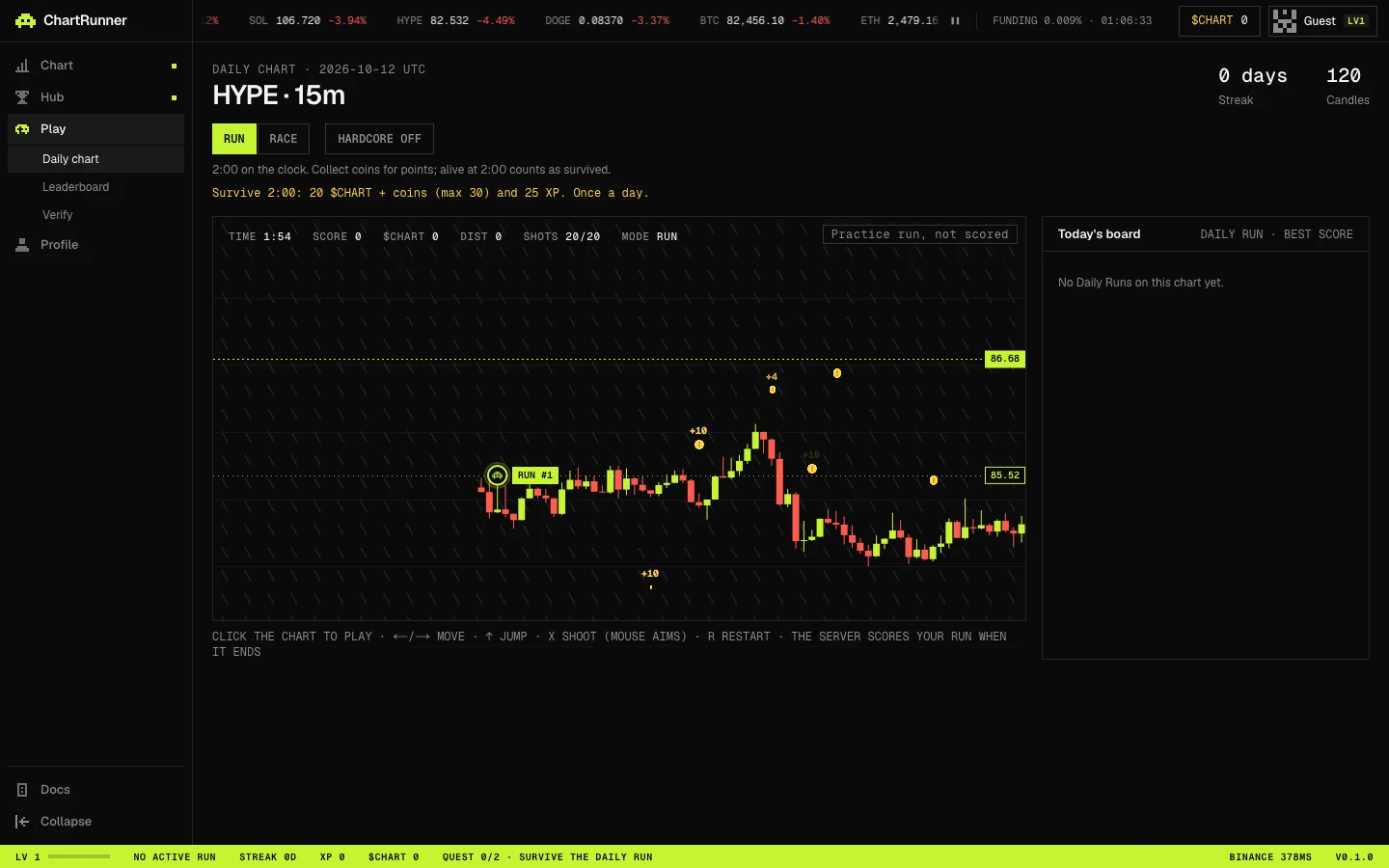 The daily chart screen: DAILY CHART with the date, RUN and RACE buttons, HARDCORE OFF, the reward line, the chart with coins and Today's board