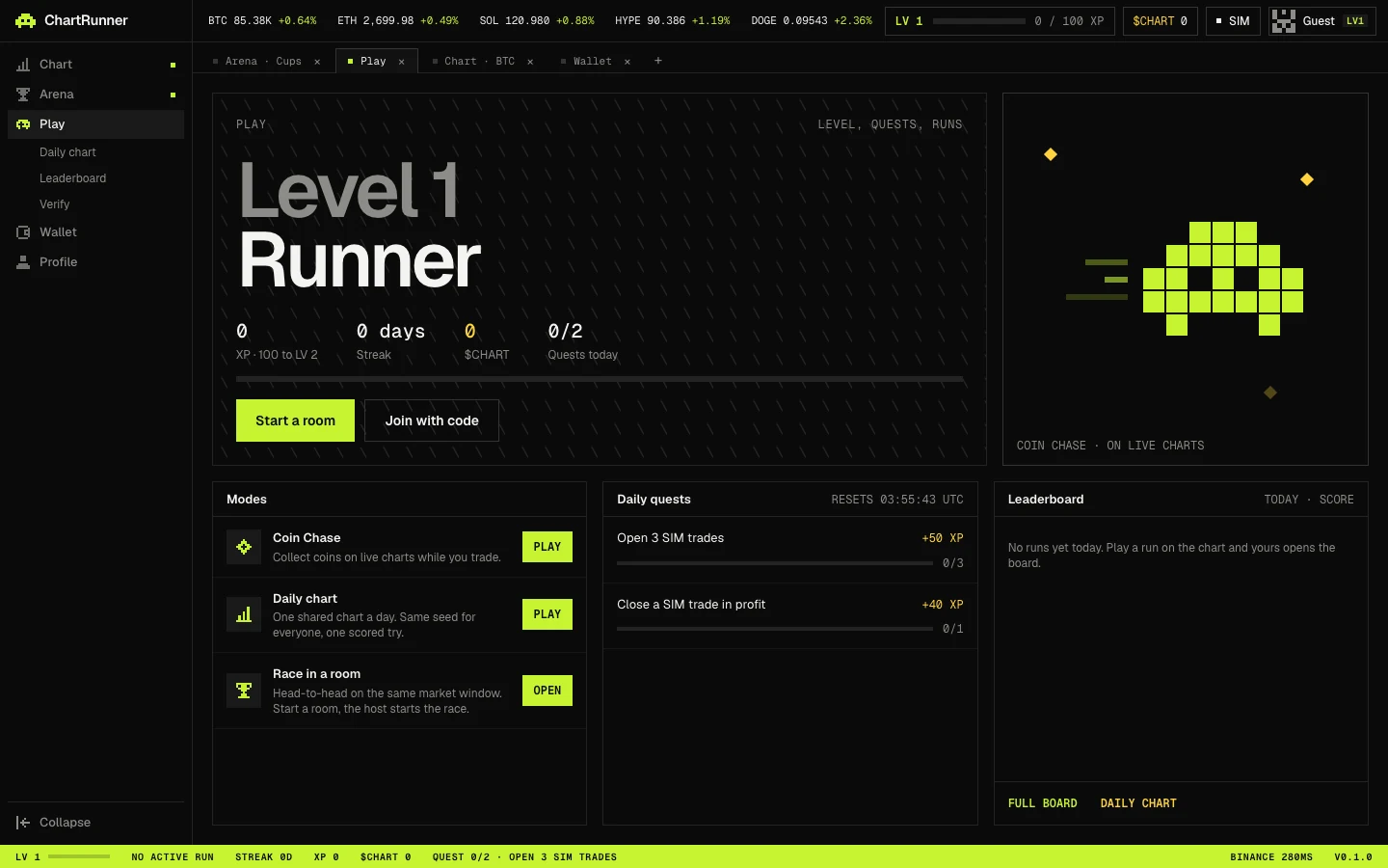The Play screen: Level 1 Runner with XP, streak, $CHART and quests, the Modes list, Daily quests and Leaderboard panels