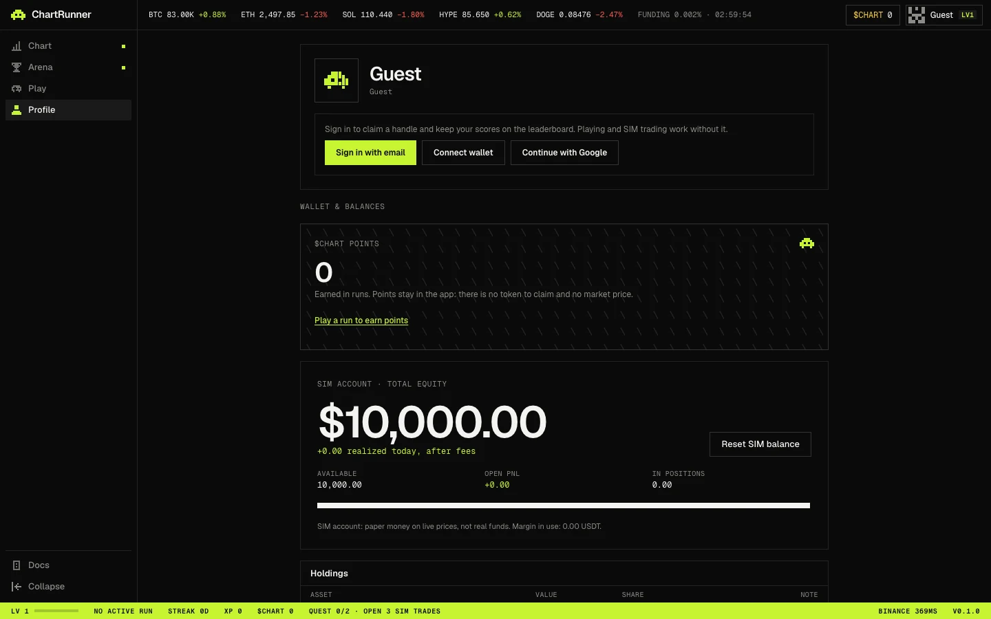 The Profile page as a guest: sign-in buttons for email, wallet and Google, then the Wallet & balances section with $CHART points and the SIM account