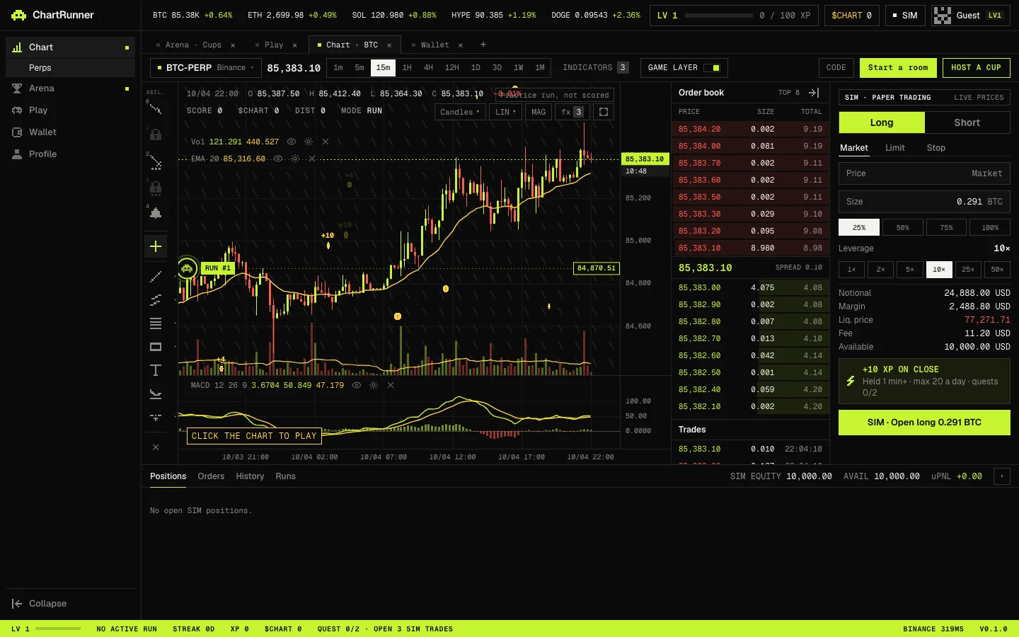 The ChartRunner terminal with the game layer on: BTC-PERP chart, order book, SIM order panel and the lime HUD bar