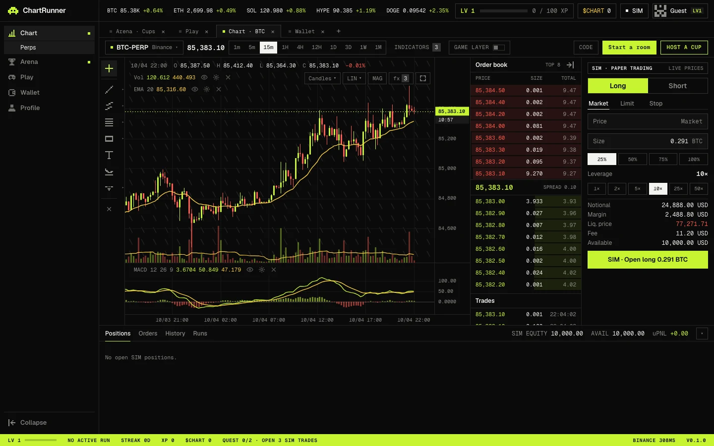 The terminal with the game layer off: chart, order book, order panel and positions