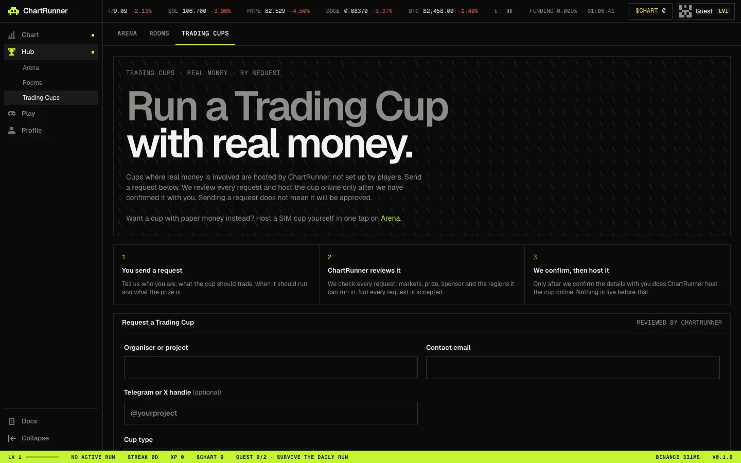 The Trading Cups page: TRADING CUPS · REAL MONEY · BY REQUEST, Run a Trading Cup with real money, three steps and the Request a Trading Cup form
