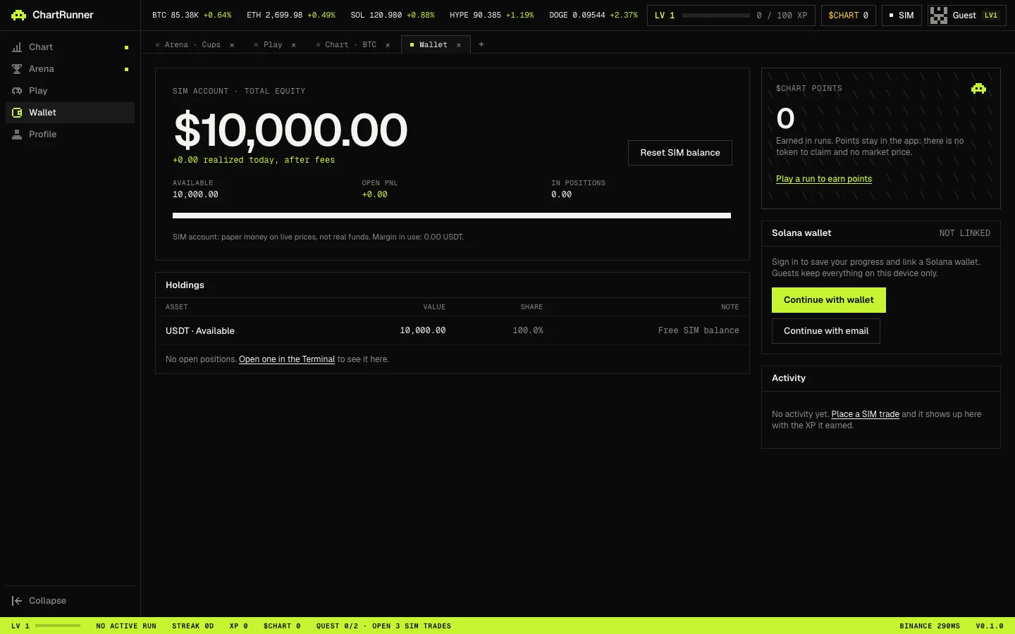 The Wallet screen: SIM account total equity of 10,000 dollars, Holdings, $CHART points, Solana wallet and Activity panels